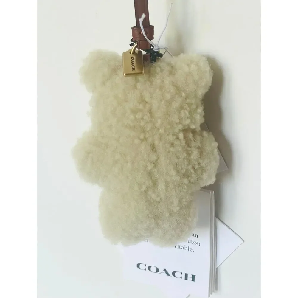 Coach Bear Puffy Bag Charm Teddy Shearling Leather Beige CDD52